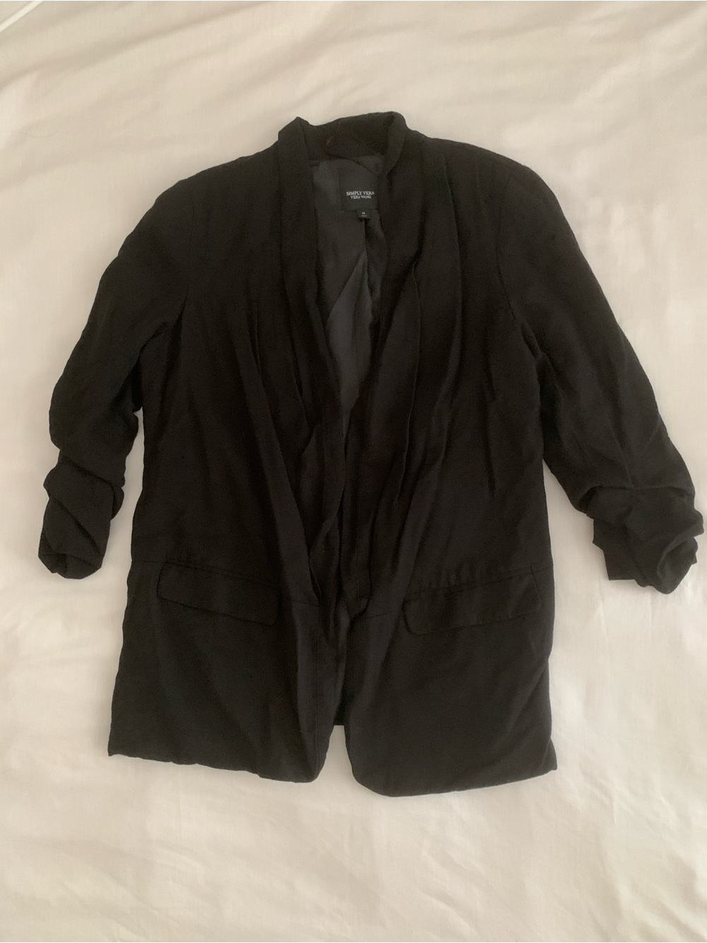 SIMPLY VERA VERA WANG Black Open Front Ruched Sleeve Blazer Jacket Size M